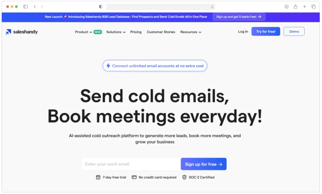 A webpage for Saleshandy promoting its service for sending cold emails and booking meetings daily. Features include email account connection at no extra cost and an AI-assisted cold outreach platform. A Sign up for free button is present.