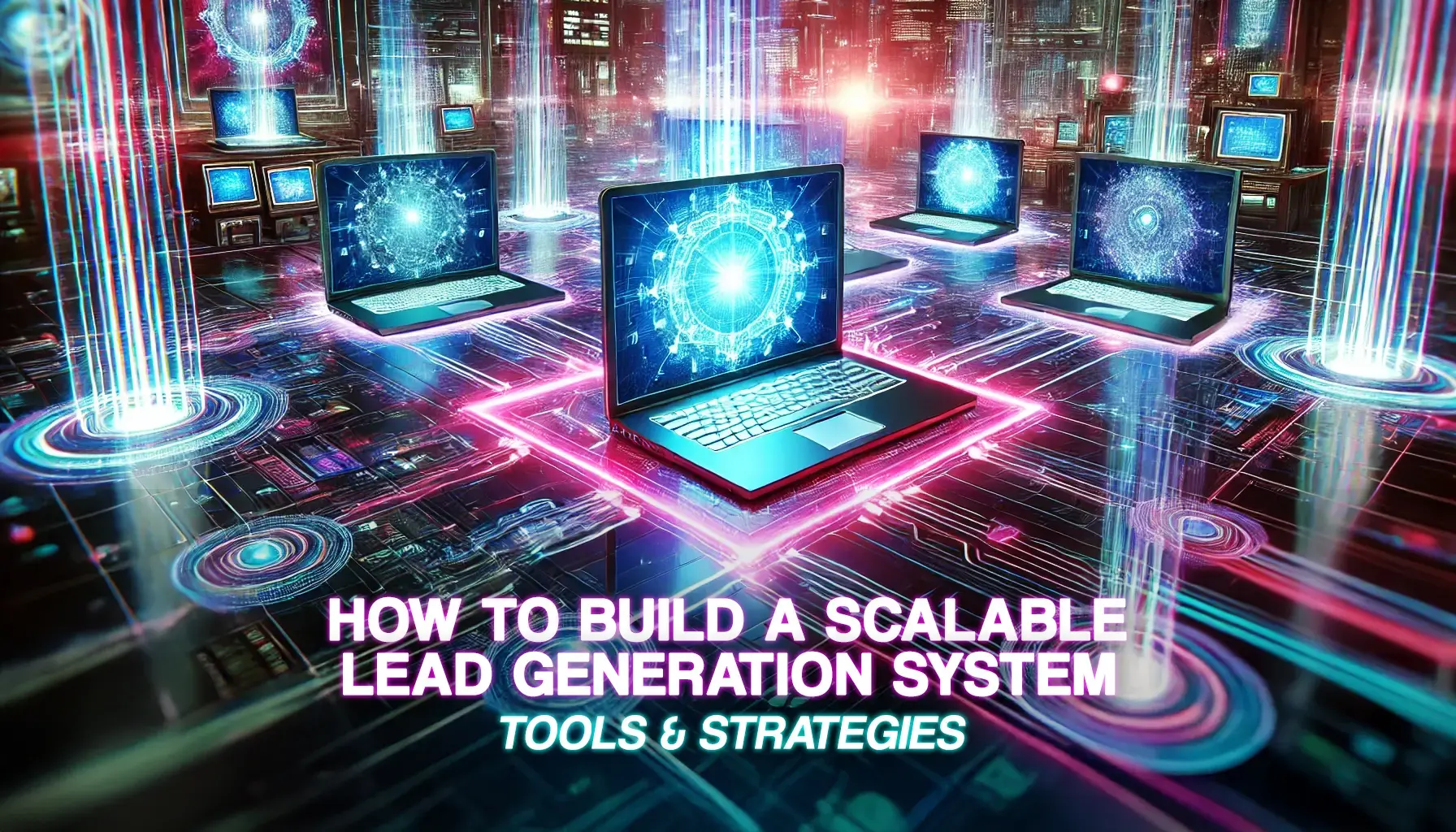 Futuristic image of laptops displaying digital networks, set in a virtual city. Central text reads How to Build a Scalable Lead Generation System with a subtitle Tools & Strategies. Neon colors highlight technology themes.