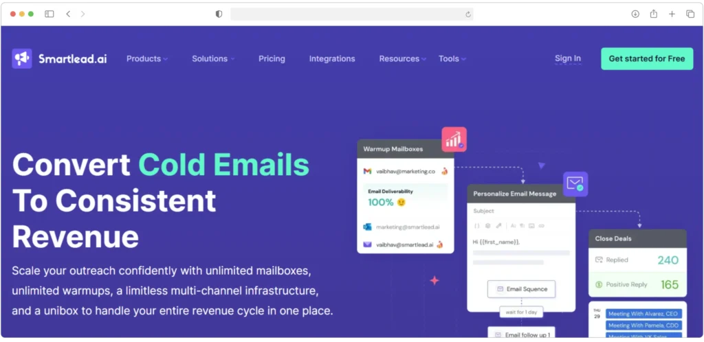 Screenshot of a websites homepage. Features a headline: Convert Cold Emails to Consistent Revenue with visuals of digital mailboxes and analytic snippets. Page sections include Products, Solutions, Pricing, with Get started for free button.