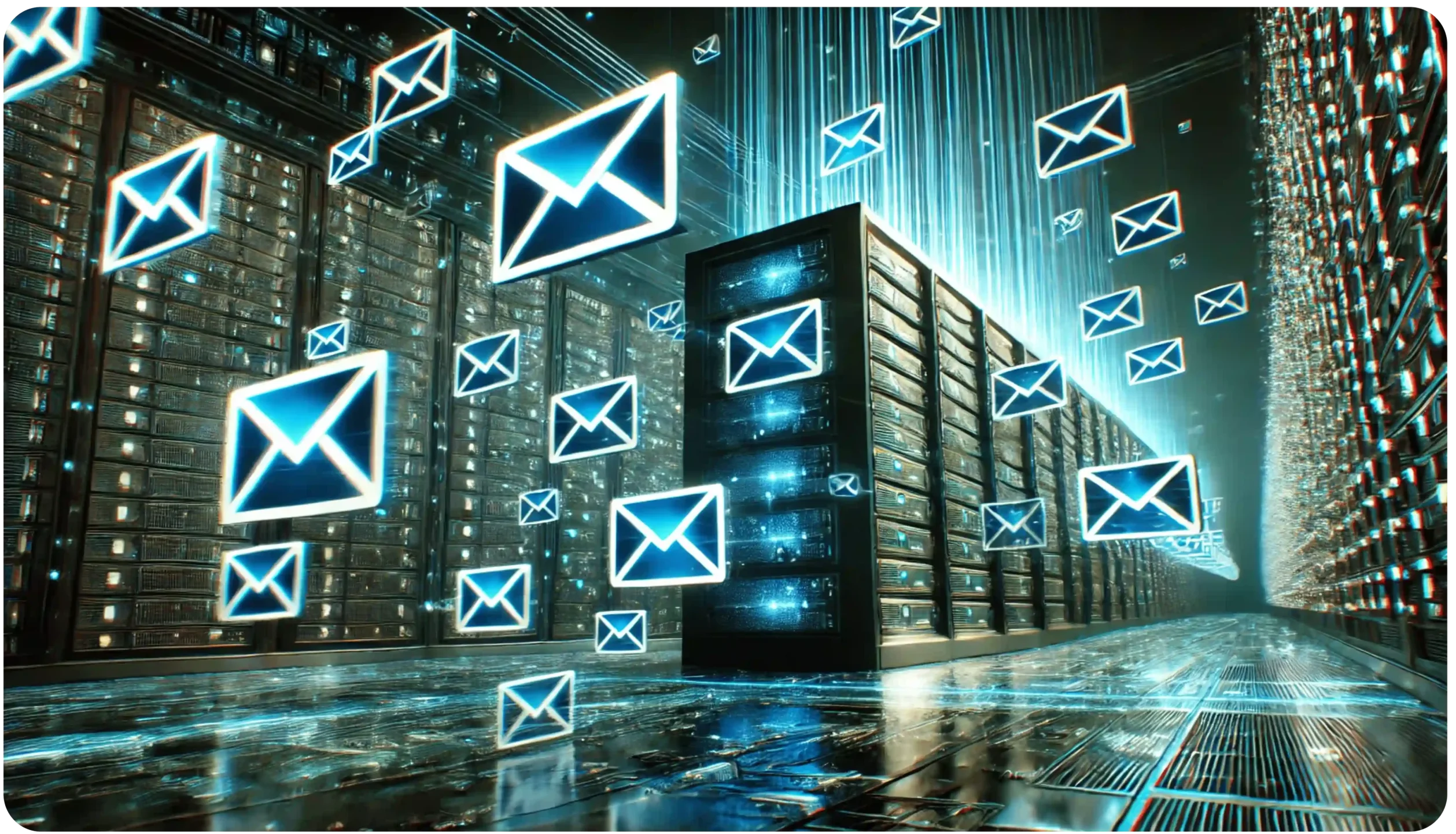 A futuristic data center with glowing servers and numerous floating email envelope icons, symbolizing digital communication. The scene is illuminated with a blue hue, creating a sense of technology and connectivity.