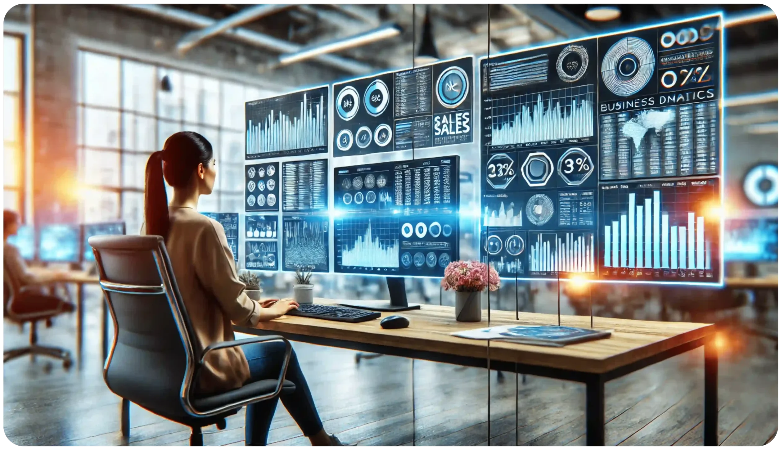 A woman sits at a desk in a modern office, analyzing digital data on large, transparent screens. The screens display various graphs, charts, and analytics. The room is brightly lit, with a contemporary design and multiple workstations.