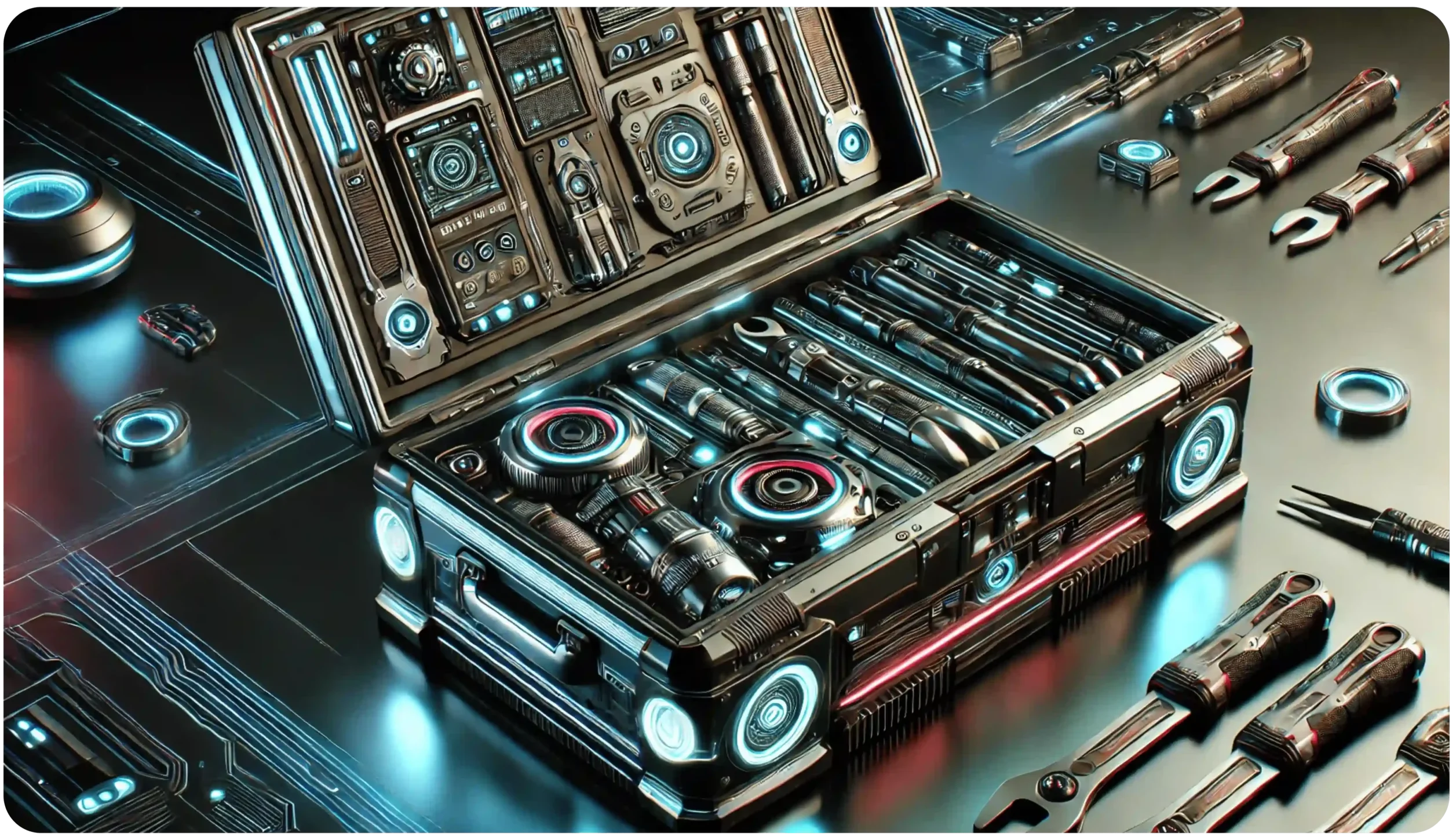 Futuristic toolbox with illuminated blue accents and a variety of high-tech tools organized neatly inside. The case has intricate designs with glowing elements, set against a sleek, metallic surface with additional tools nearby.