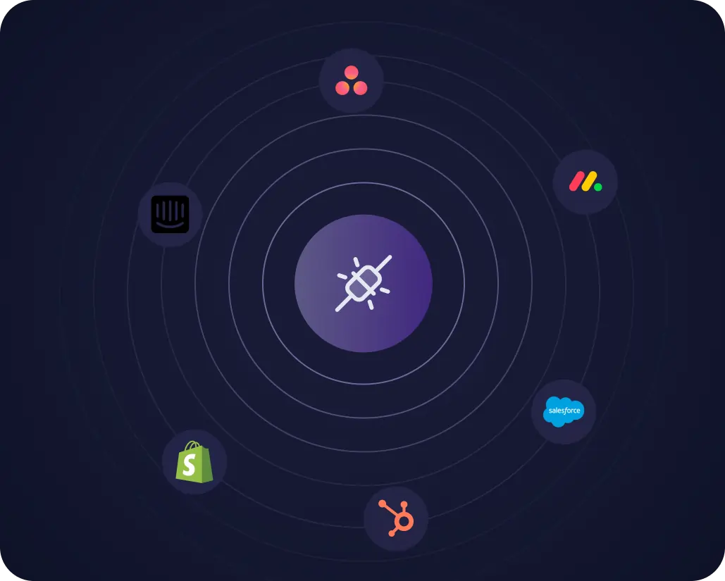 A central icon of a crossed-out lightbulb is surrounded by six app logos: three at the top, including Clockify, Monday.com, and Asana; three at the bottom, including Intercom, HubSpot, Salesforce, and Shopify, on a dark background with circular lines.