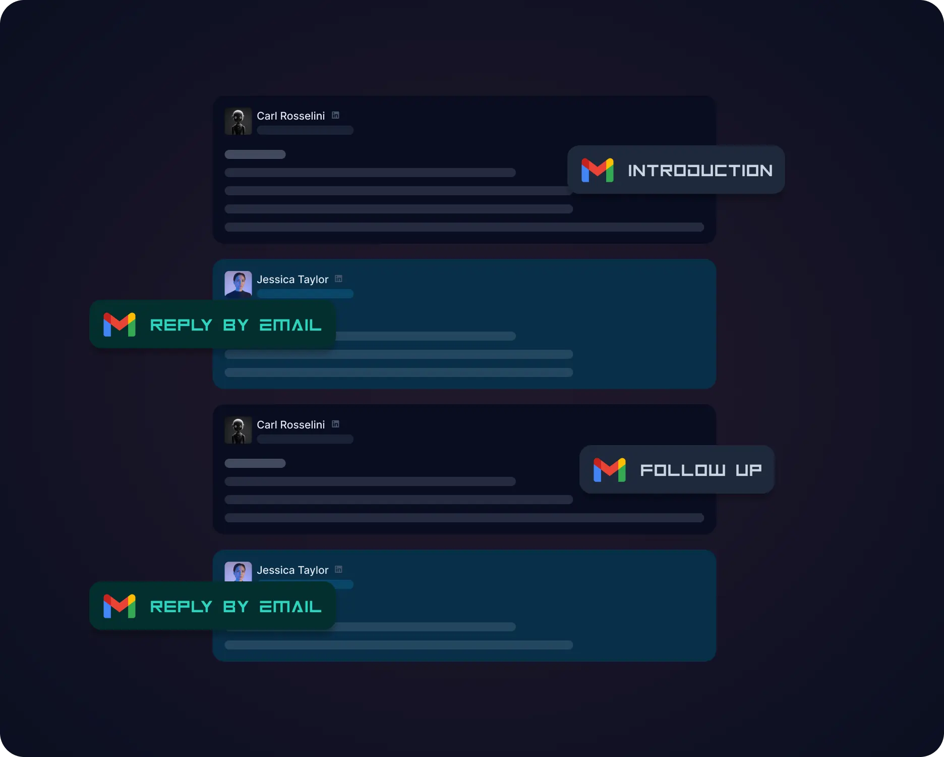 Dark-themed graphic displaying a sequence of email exchanges between two people, titled Introduction and Follow Up. Each message includes an option to Reply by Email, featuring colorful email icons.