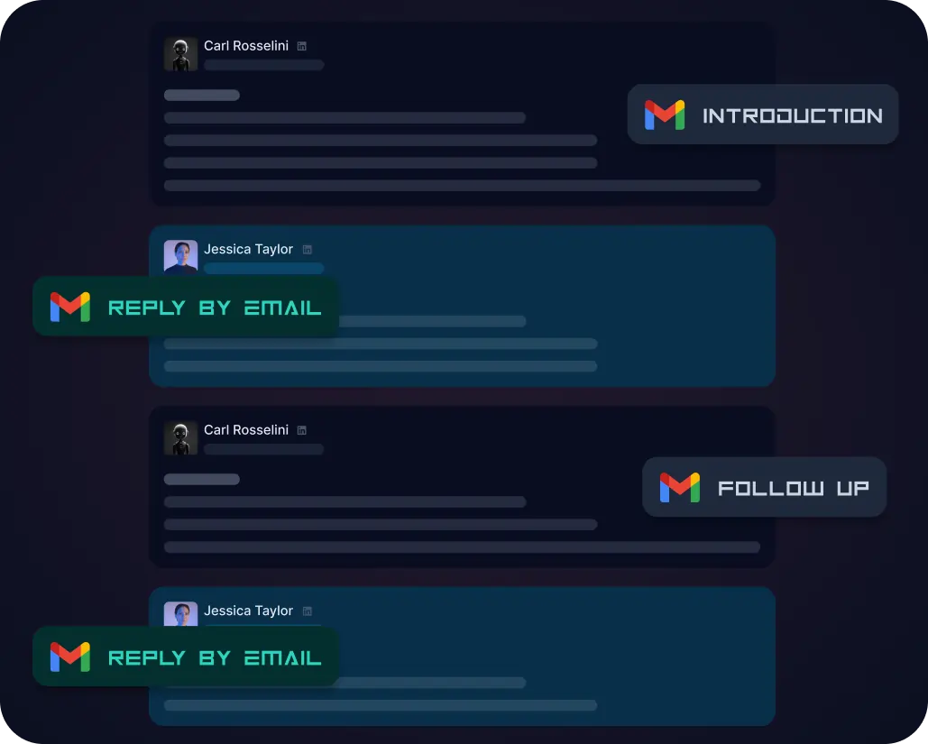 Illustration displaying a chat interface with messages from two users, featuring options like INTRODUCTION and FOLLOW UP with email icons. Each message has a REPLY BY EMAIL button alongside.