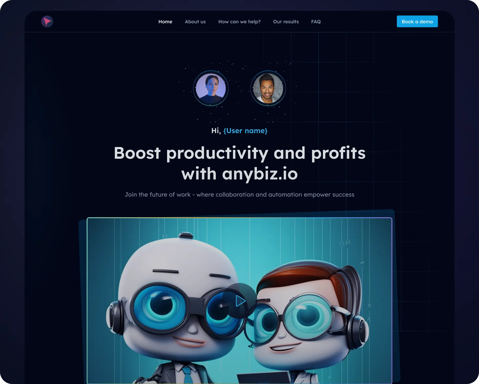 A webpage features two cartoon robots with large blue eyes and glasses facing forward. Text reads, Boost productivity and profits with anybiz.io. There are circular photos of two people above and a button labeled Book a demo at the top right.