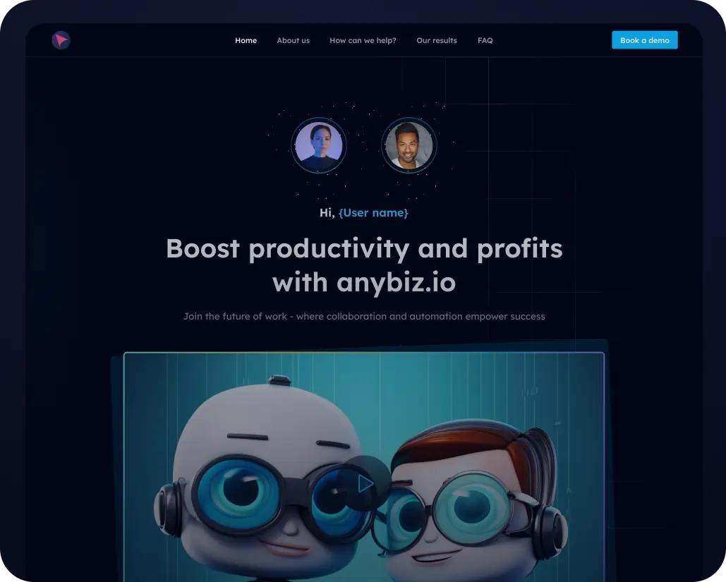 Website screenshot with a dark theme. Top navigation and Book a demo button. Text: Boost productivity and profits with anybiz.io. Features cartoon robots with goggles below the text.