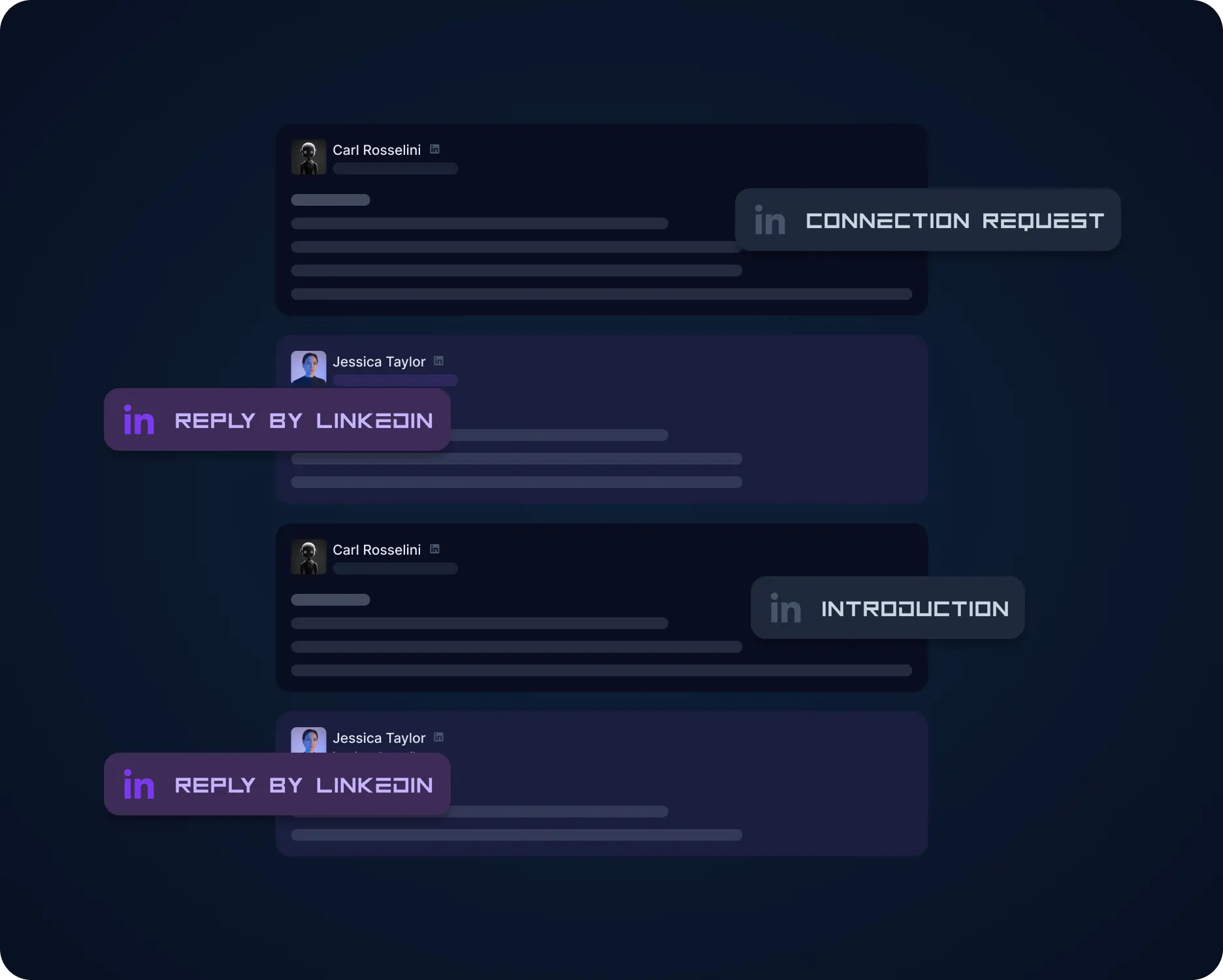 A dark-themed interface displays two LinkedIn conversation threads. The first shows a connection request and subsequent reply, and the second an introduction with a reply. User avatars and names are visible beside each message.