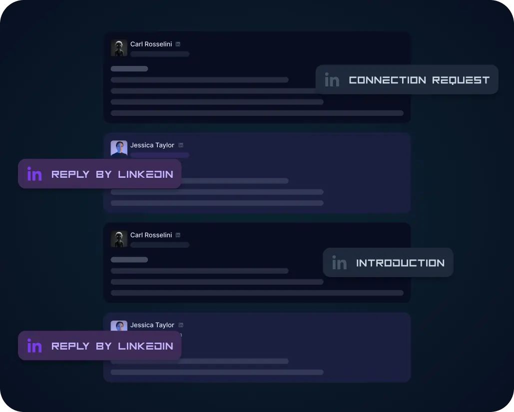 Dark-themed image showing LinkedIn chat snippets. One snippet shows a Connection Request from Carl Rosselli. Another snippet from Jessica Taylor says Reply by LinkedIn, followed by a snippet marked Introduction.