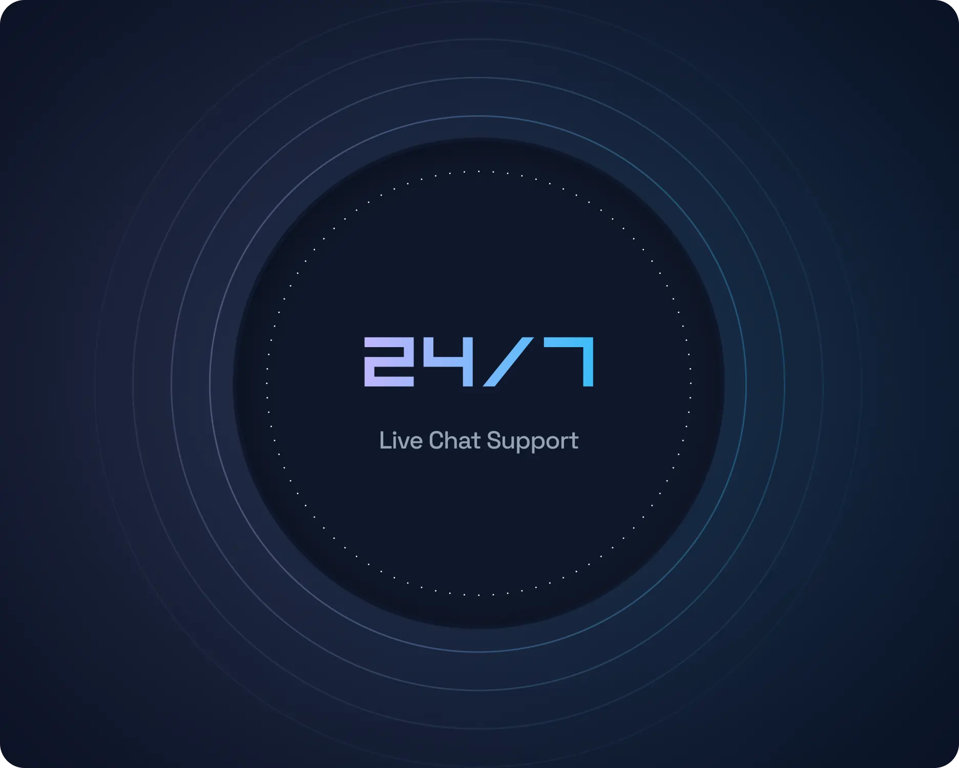 Dark blue background with concentric circular lines centered around text that reads 24/7 Live Chat Support in gradient colors transitioning from light blue to purple.