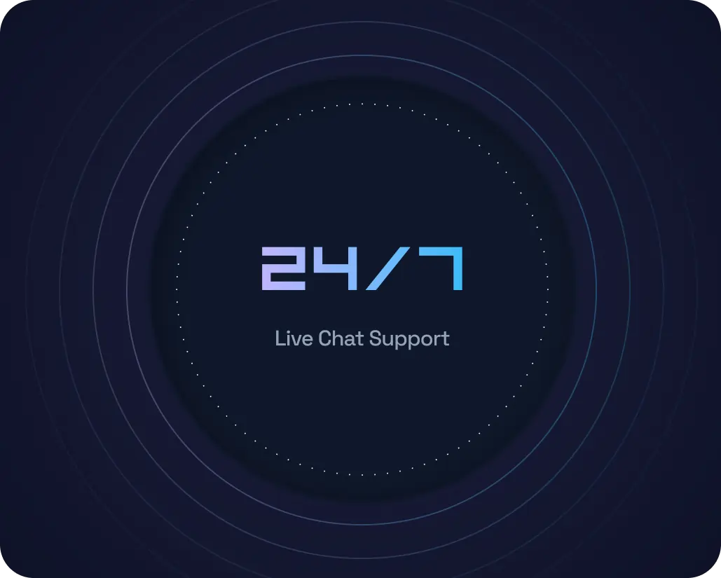 Dark background with concentric circles around a central circle. Inside, the text 24/7 Live Chat Support is written in blue, indicating availability of continuous support.