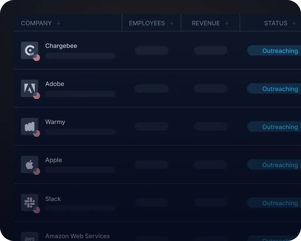 A dark-themed interface showing a list of companies, including Chargebee, Adobe, Warmly, Apple, and Slack. The columns display company name, employees, revenue, and status. Each line has a flag icon and the text Outreaching under status.