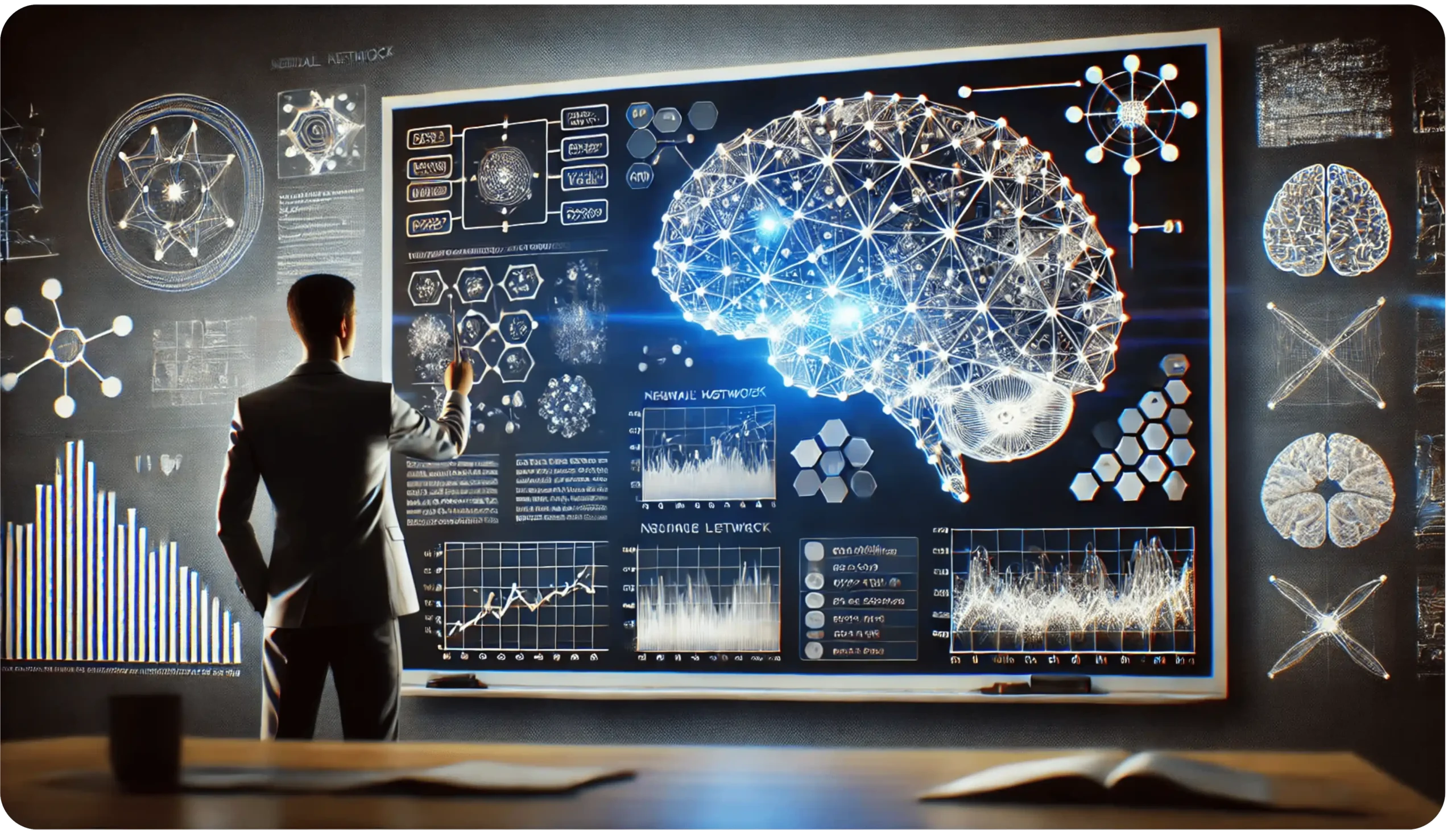 A person in a suit interacts with a large digital screen displaying a brain illustration connected with neural network lines, graphs, and scientific data. The setting resembles a futuristic tech presentation or laboratory.