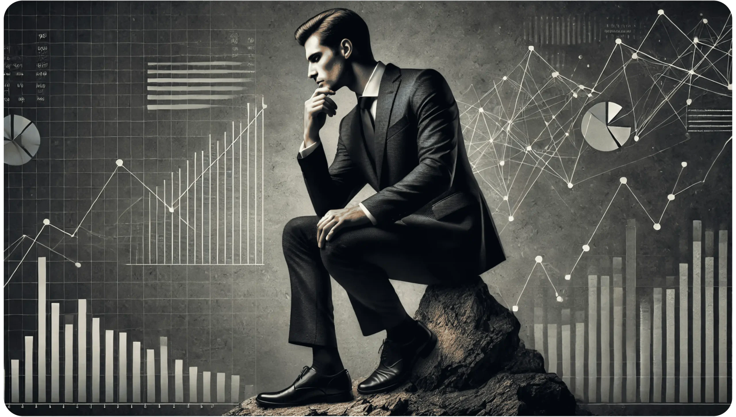 A man in a suit sits thoughtfully on a rock, resembling the sculpture The Thinker. He is surrounded by digital graphs and charts, including bar, pie, and line graphs, on a gray background, symbolizing data analysis.