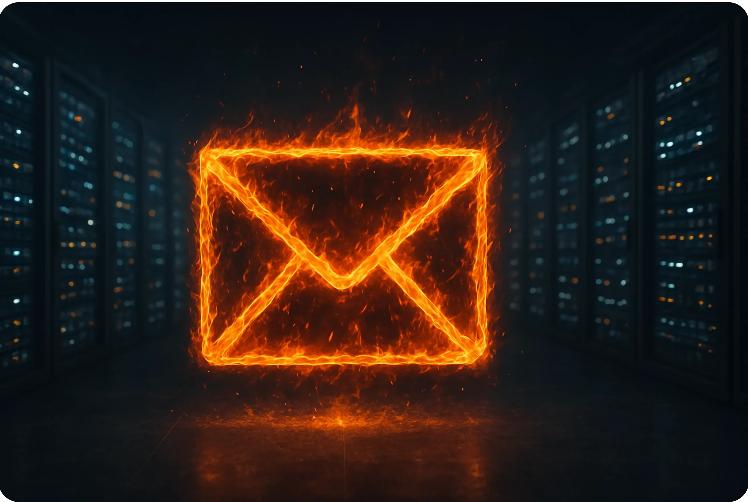 A fiery, glowing envelope icon floats in a dark room resembling a server room. The envelope is set ablaze, illuminating the surroundings with an intense orange light while rows of servers line the walls, creating a dramatic contrast.